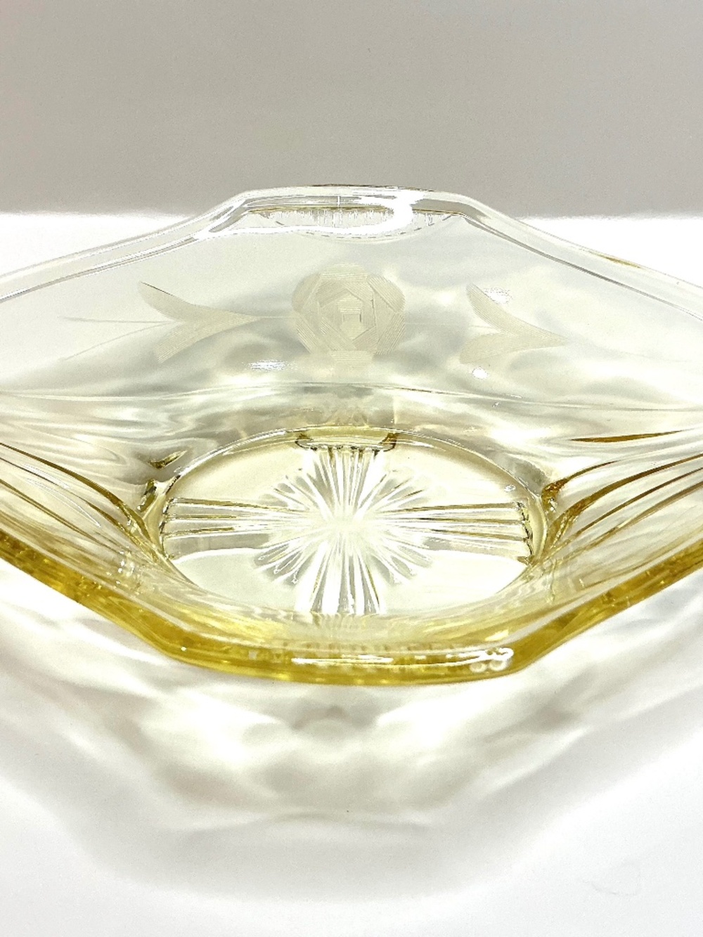 Etched Floral Yellow & Clear Glass Bowl, 8 in, Abstract Shape